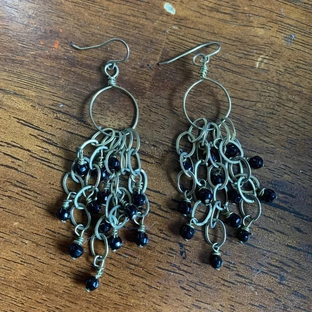 Gold and Black Beaded Dangle Earrings